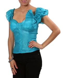 Women Teal Sleeveless Ruffle Blouse w/Front Buttons Chest Bow. Size Small. - Picture 1 of 2