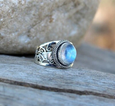 Fuoco Pietra di Luna Anello 925 Sterling Argento Vintage Design Regalo Per Mom - Immagine 1 di 4