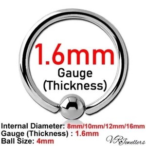 Ball Closure Ring Captive Bead Hoop Steel Helix Tragus Ear Nose Septum BCR 1.6mm - Picture 1 of 6