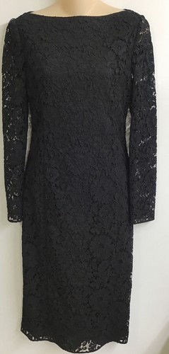 Abito Valentino nero midi pizzo floreale scollo barca manica lunga dritto taglia 42 8