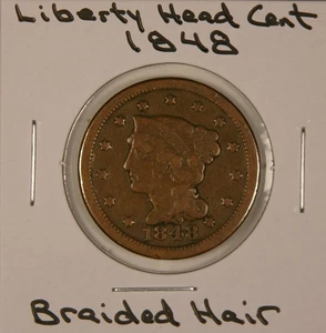 Moneda de 1 centavo de cobre 1848 "Liberty Head" cabello trenzado, centavo grande, muy fina - Imagen 1 de 4