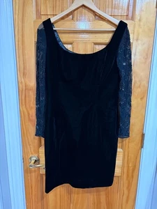 Escada Couture Black Velvet Beaded Sheer Sleeve Dress 40 M Cocktail Evening - Picture 1 of 7