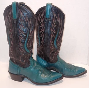 Vintage DAN POST Black and "Aqua Cowgirl Boot" Leather Size 6.5M Women Snip-toe - Picture 1 of 17
