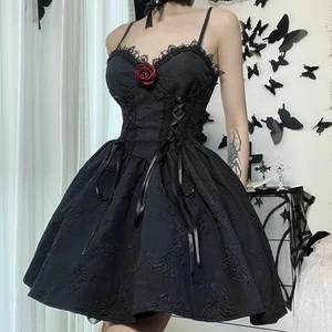 Mini Vestido de Fiesta con Cordones Negro Tallas Halloween Para Mujer Gótico Lolita Tirantes Rosa - Imagen 1 de 8
