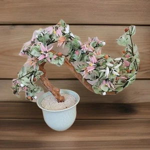 Vintage Art Glass Chinese Jade Quartz Bonsai Flower Tree 13”x15" Celadon Pot - Picture 1 of 11