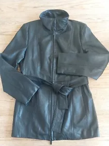 Calvin Klein Classic Black 100% Genuine Leather Jacket Womens Size M EUC Belted - Picture 1 of 9