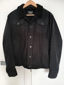 Black Men's Corduroy Bomber Jacket Donkey Jacket Size L Fleece Collar & Lining - Picture 1 of 7
