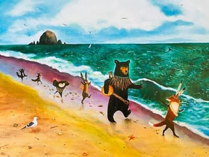 Beach Day by Jahna Vashti Print Whimsical Parade at Cannon Beach Haystack Rock - Picture 1 of 6