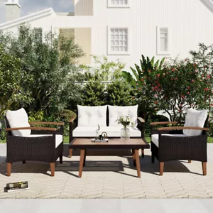4-Piece Garden Furniture, Patio Seating Set, Rattan Outdoor Sofa Set, Wood Table - Picture 1 of 16