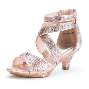 Girls 1.8inch High Heels Zipper Ankle Rhinestones Wedding Dress Pump Sandals - Picture 1 of 26