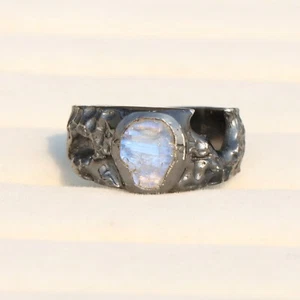 Rainbow Moonstone Raw Ring 925 Sterling Silver Black Oxidize Mens Jewelry - Picture 1 of 6