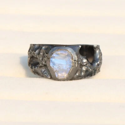 Rainbow Moonstone Raw Ring 925 Sterling Silver Black Oxidize Mens Jewelry - Image 1 of 4