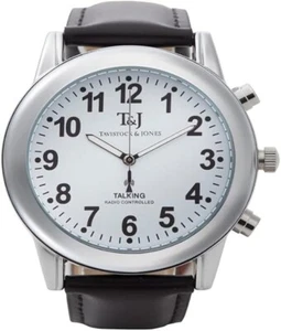 T&J Mens Radio Controlled Atomic Talking Speaking Watch Black Leather Strap time - Picture 1 of 7