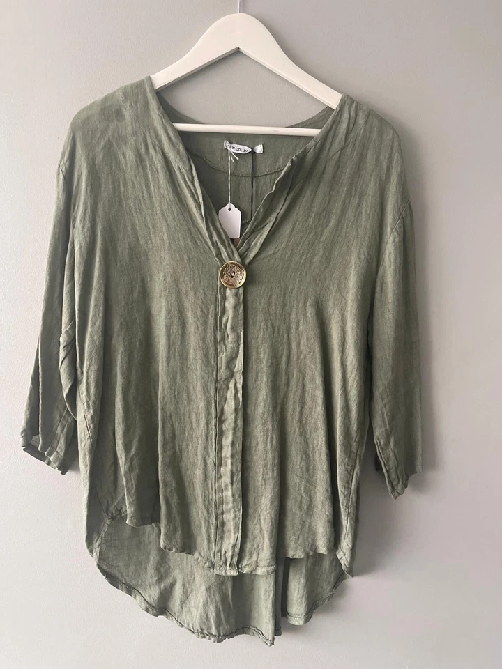 BNWT GREEN LINEN TOP ONE SIZE 8-12 BUTTON DETAIL - Image 1 of 1