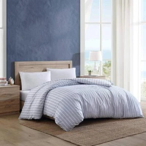Nautica Duvet Cover Set 88"x88" Stripe Blue Cotton Full/Queen Classic Modern - Picture 1 of 2