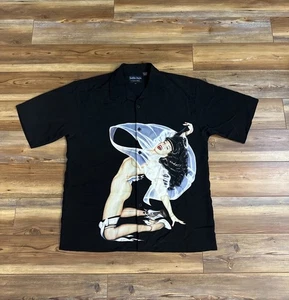 VTG Bettie Page Dragonfly Shirt Mens XXL Black Loop Collar Button Pin Up Girl - Picture 1 of 15