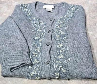KENAR-Gray 100% CASHMERE, Womens LS, Sequin Cardigan Knit Sweater-(S/M) - Image 1 of 4