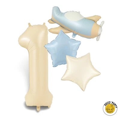 1-й день рождения воздушный шар комплект - первый пастельный самолет, звезда, синий и бежевый номер 1 - Изображение 1 из 4