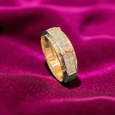 Pavé 1,44 Karat Prinzessinnenform Natürlicher Diamanten Unisex-Bandring 14K Gold - Bild 1 von 4