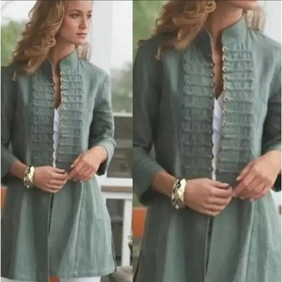 Soft Surroundings Sheffield Coins Military Style Ramie green Jacket size large - Image 1 of 4