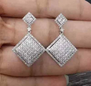 2Ct Round Lab Created Diamond Cluster Drop/Dangle Earrings 14k White Gold Plated - Picture 1 of 6