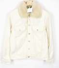 SANDRO Shearling Denim Jacket Mens LARGE Removable Collar Padded Off White