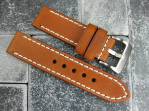 24mm CORREA DE CUERO DE VACA SUAVE Banda de reloj marrón claro punta blanca para PANERAI 24 - Imagen 1 de 7