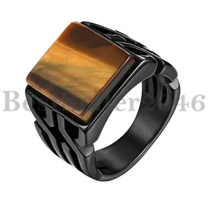 Mens Punk Retro Square Tiger Eye Stone Signet Ring Biker Wedding Band Size 7-14 - Picture 1 of 6