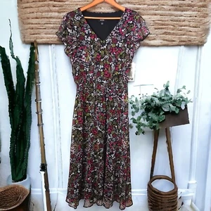 Romantic Floral Midi Dress S Smocked Waist Flutter Sleeves Fairy Cottage NEW - Picture 1 of 18