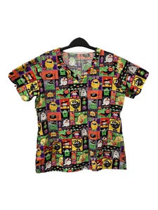 Halloween Scrub Top Black Ghost Zombie Pumpkins Bio Bring It On Shirt Medium EUC - Picture 1 of 3