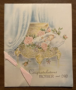 De colección 1940 Nuevo Bebé Recién Nacido Felicitaciones Tarjeta Cama Almohada Flores P4c - Imagen 1 de 16