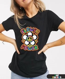 FLOWER POWER Hippy Trippy 60s 70s Peace Sign T-Shirt Slim Fit Short Sleeve TOP - Picture 1 of 4