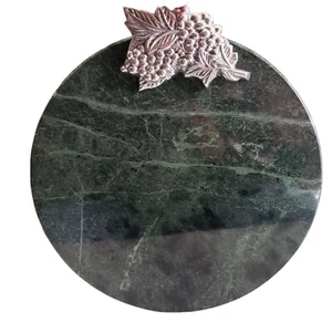 Genuine Polished Marble Round Cutting Board w/Silver Grapeleaf Design Pier 1 - Picture 1 of 12