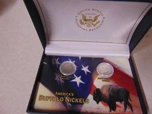 COIN TOKEN SET IN CASE ANTIQUE BUFFALO NICKEL AND MODERN 2005 NICKEL US MONETARY - Picture 1 of 3