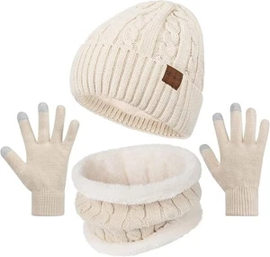 3 Pcs Winter Hat Scarf Gloves Set Women Beanie Touchscreen Fleece Lined Warm - Picture 1 of 5