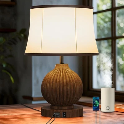 JESLED Vintage Walnut Table Lamps for Bedroom Home 110V E26 Bulb Desk Lights USB - Image 1 of 4