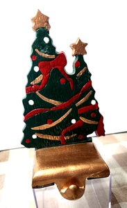 Vintage Double Tree Christmas Stocking Hanger, Hand Painted Unbranded Gold Base - Picture 1 of 6