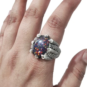 NATURAL BLACK OPAL OCTOBER BIRTH 925 STERLING SILVER EAGLE CAW HEAVY MENS RING - Picture 1 of 9