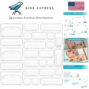 25 Pack Clear Plastic Drawer Organizers Set for Bathroom Kitchen Makeup Office - Picture 1 of 10
