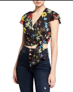 Blusa Alice + Olivia Zabel cropped avvolgente manica corta nera floreale donna taglia 8 - Foto 1 di 11