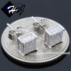 MEN WOMEN SOLID 925 STERLING SILVER ICY BLING CZ 6MM 3D SQUARE STUD EARRING*E169 - Picture 1 of 3