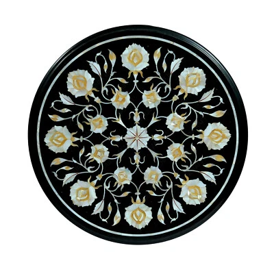 Mesa de centro redonda de mármol negro de 12" con incrustaciones de malaquita Foto 1 de 4