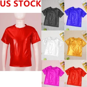 Kids Girls Short Sleeve Shiny Metallic Tops Performance Solid Color T-Shirts - Picture 1 of 64