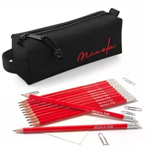 Personalised Black Pencil Case with12 HB printed Pencils with Erasers - Red - Picture 1 of 7