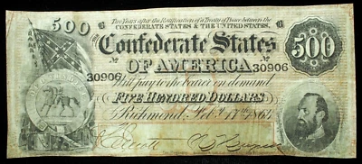 1864 $500 Confederate States of America Genuine Bill w/ Bold Print Very Fine - Image 1 of 3