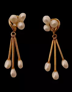 Aretes colgantes con racimo de perlas ovaladas de diamantes de oro amarillo macizo de 14 k de 1,75" - Imagen 1 de 7