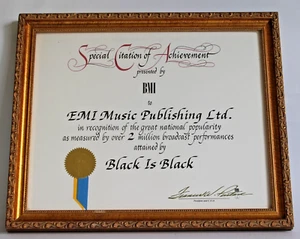 BMI AWARD - LOS BRAVOS - 'BLACK IS BLACK' - 1966 - ***NOW REDUCED*** - Imagen 1 de 9