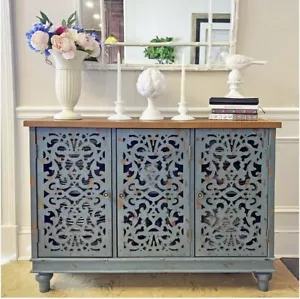 Blue Antique Wood Three Door Storage Cabinet Side Table Sturdy Dining Bookcase - Picture 1 of 6