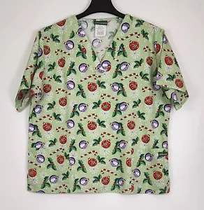Christmas Scrub Top UA Scrubs Size L Unisex Ornaments Green Short Sleeve Holiday - Picture 1 of 6