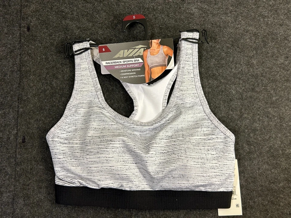 Avia Medium Support Racerback Gray&white Stripes Sports Bra S Women Nes